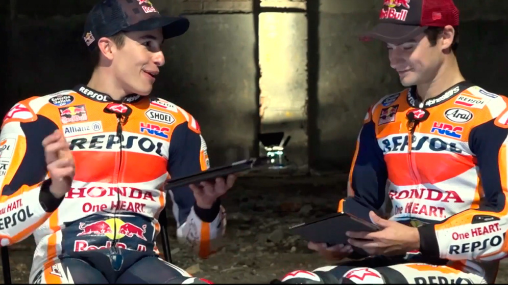 Marc Márquez and Dani Pedrosa during the AskMarcDani 2017 video shoting