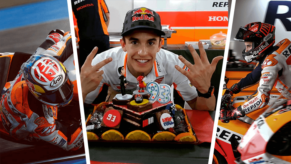 Dani Pedrosa con casco de samurai, tarta de cumpleaños de Marc Márquez y Marc a punto de salir a pit lane en su moto