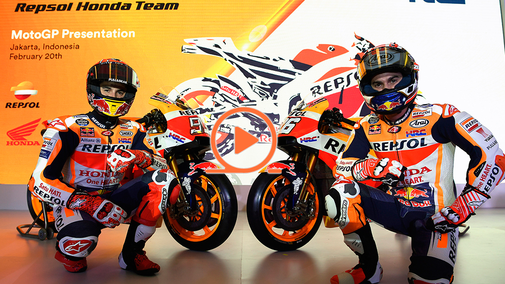 Marc Márquez y Dani Pedrosa y las RC213V en la presentación del Equipo Repsol Honda en Yakarta 2018