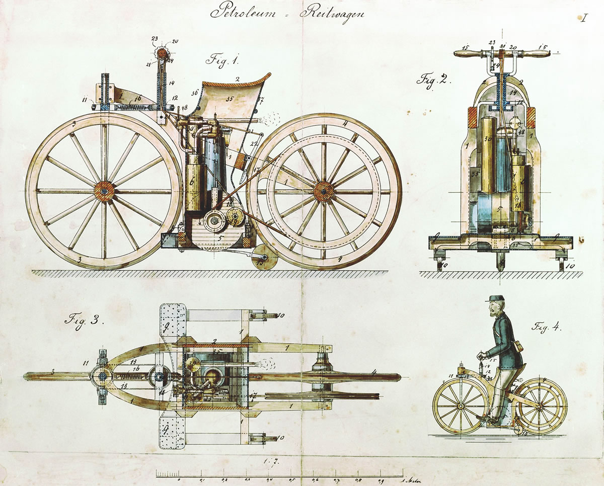 Daimler Reitwagen color drawing 1885 DE patent 36423.jpg