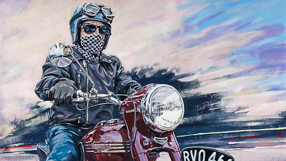 Motero con pañuelo a cuadros al oleo