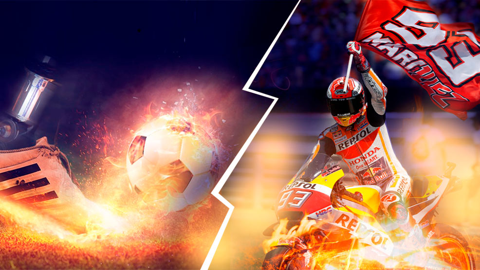 Composición de Marc Márquez con una pelota de fútbol separados por un rayo