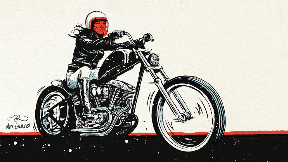 Dibujo de chica motera asiática con pantalla roja en su casco blanco