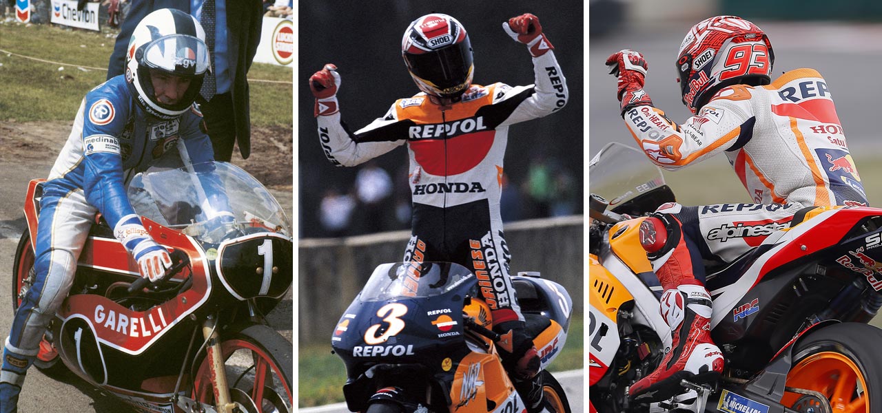 Monos de competición de Ángel nieto, Álex Crivillé y Marc Márquez.