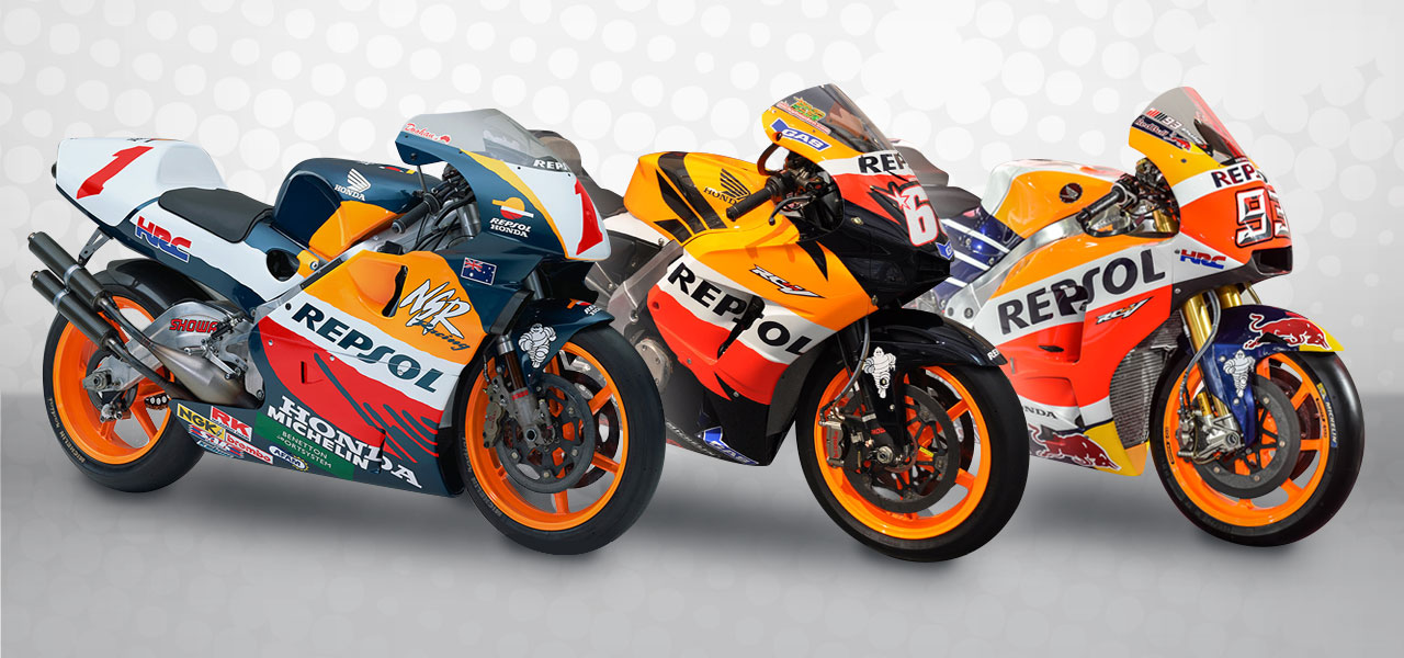 Motos clásicas y modernas de la escudería Repsol Honda.