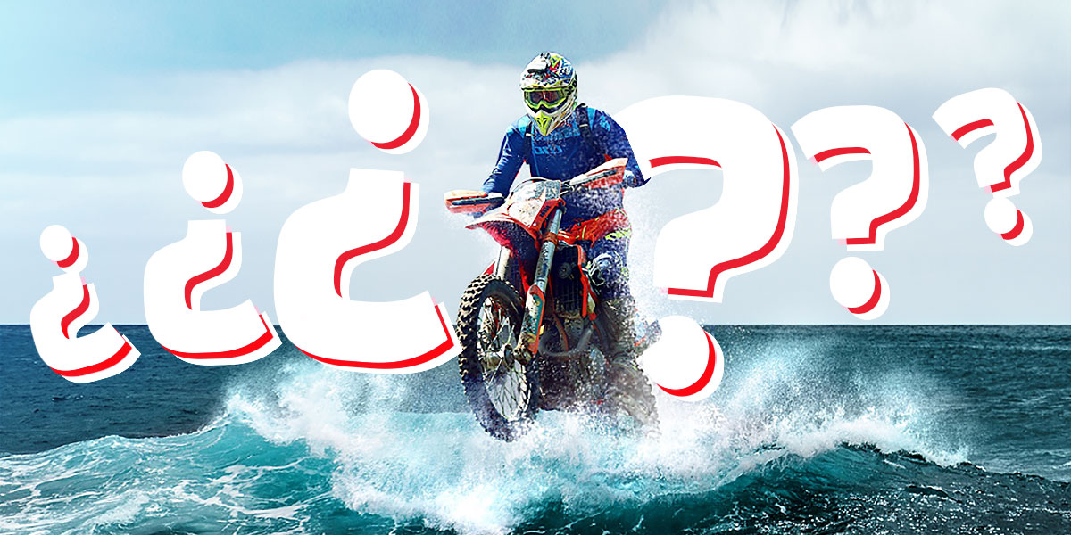 Un motorista de motocross surca el mar encima de su moto rodeado de signos de interrogación