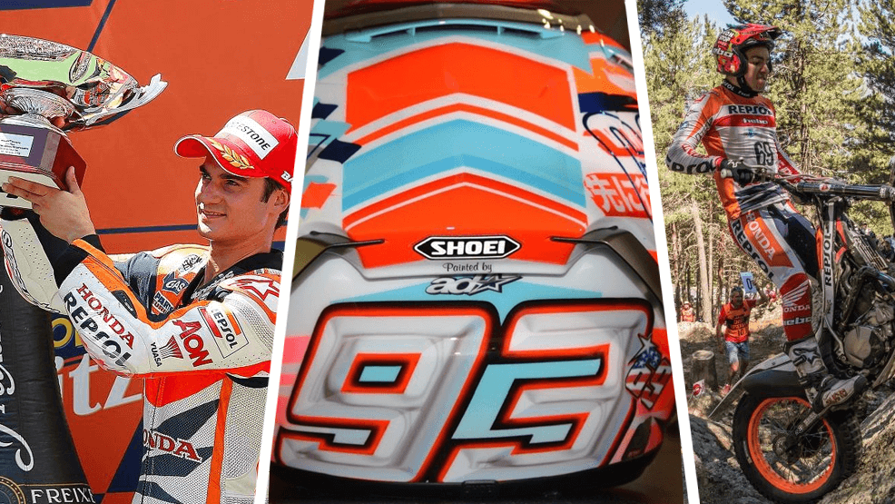 Dani Pedrosa, casco de Marc Márquez, Jaime Busto en prueba outdoor