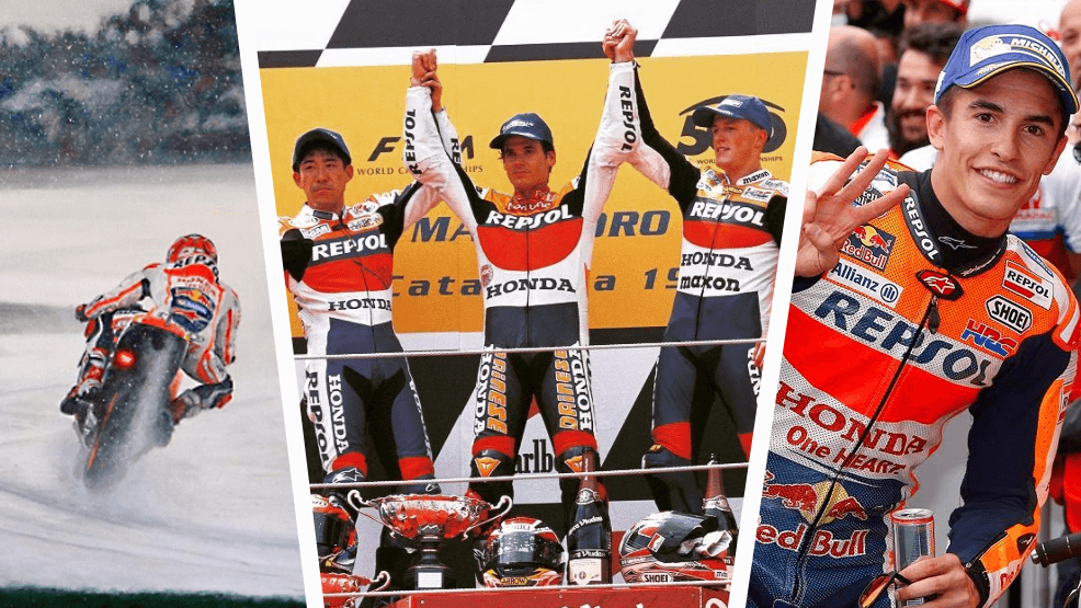 Marc rodando en lluvia, triplete repsol honda, Marc celebrando