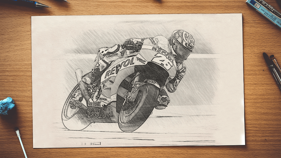 Dibujo a lápiz que ilustra un quiz, test de motogp